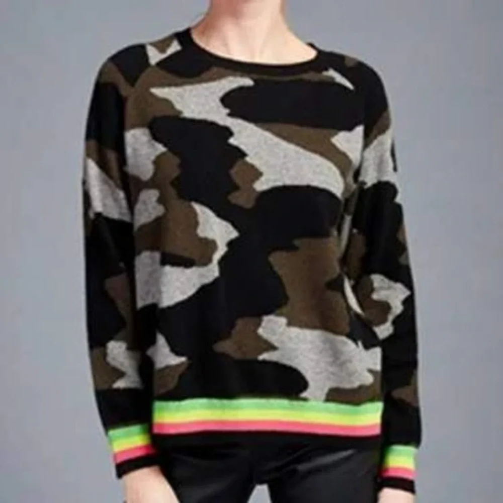 Brodie Fine Cashmere Camo Sweater Neon Stripe Trim Crew Neck XS Black Green - Picture 1 of 6